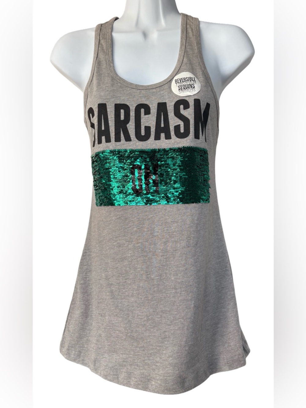 Sarcasm Sequin Tank Top in Heather Gray with Green Sequins